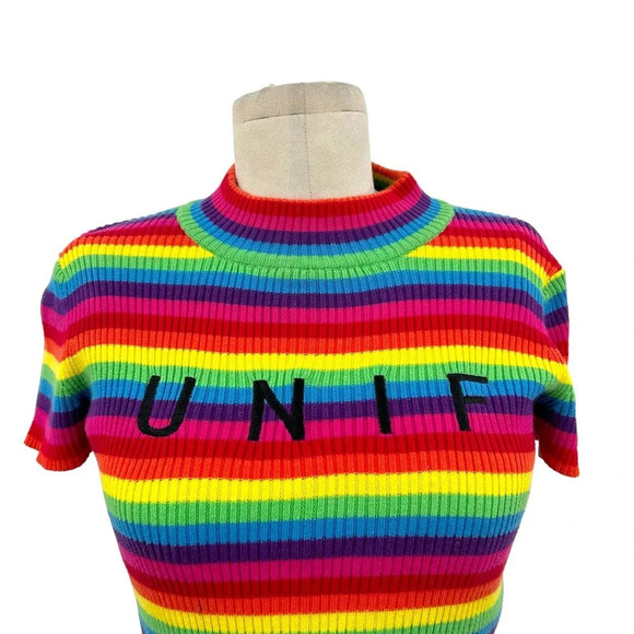 Unif UNIF Lenny Crop Top Short Sleeve Top Rainbow Stripe Turtleneck Size Small - Picture 2 of 8